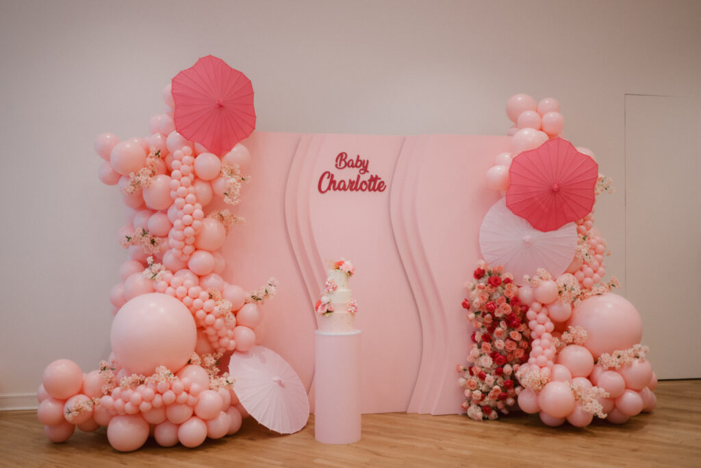 Baby Shower photo Backdrop with balloons and florals
